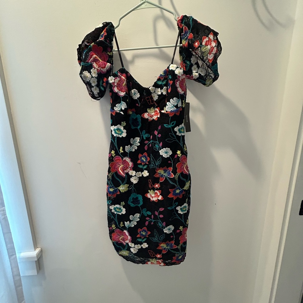 Lulu's Black Floral Mini Dress with Puff Sleeves
